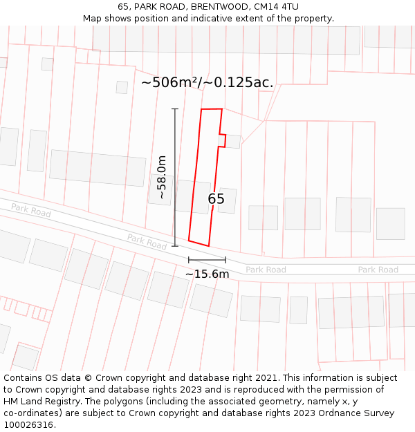 65, PARK ROAD, BRENTWOOD, CM14 4TU: Plot and title map