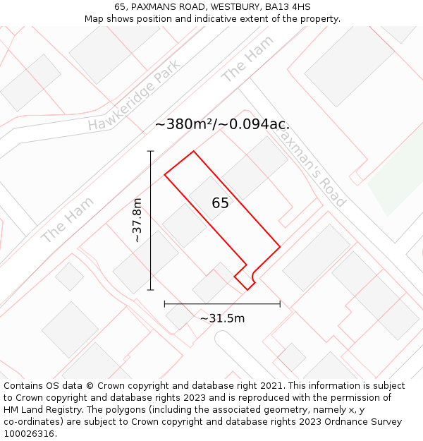 65, PAXMANS ROAD, WESTBURY, BA13 4HS: Plot and title map