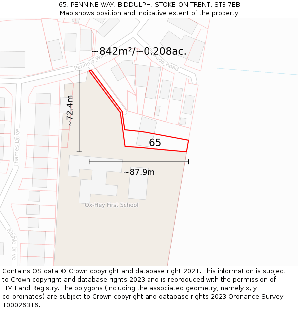 65, PENNINE WAY, BIDDULPH, STOKE-ON-TRENT, ST8 7EB: Plot and title map