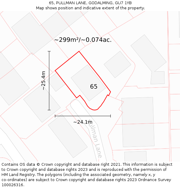 65, PULLMAN LANE, GODALMING, GU7 1YB: Plot and title map