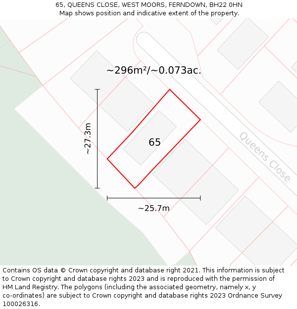 65, QUEENS CLOSE, WEST MOORS, FERNDOWN, BH22 0HN: Plot and title map