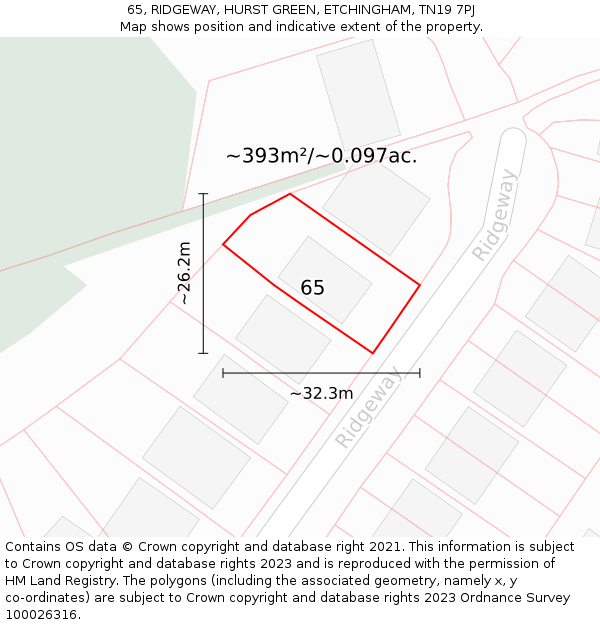 65, RIDGEWAY, HURST GREEN, ETCHINGHAM, TN19 7PJ: Plot and title map