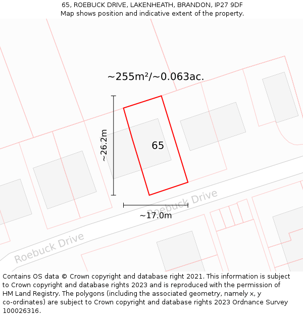 65, ROEBUCK DRIVE, LAKENHEATH, BRANDON, IP27 9DF: Plot and title map