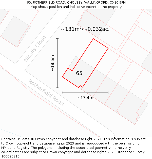 65, ROTHERFIELD ROAD, CHOLSEY, WALLINGFORD, OX10 9FN: Plot and title map