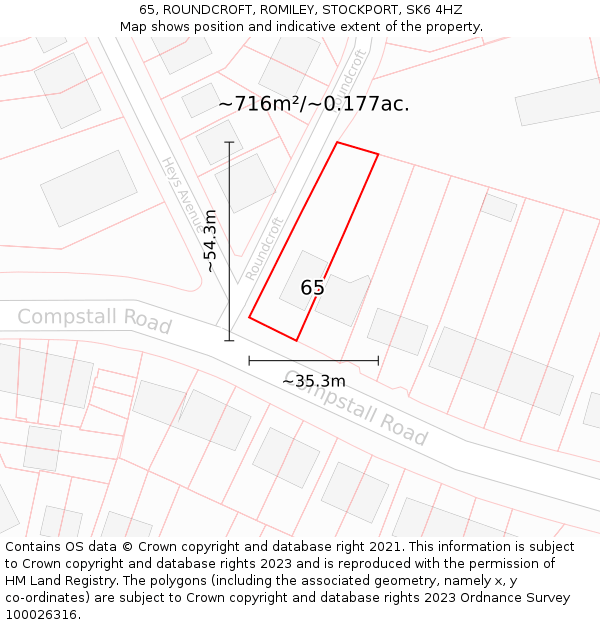 65, ROUNDCROFT, ROMILEY, STOCKPORT, SK6 4HZ: Plot and title map