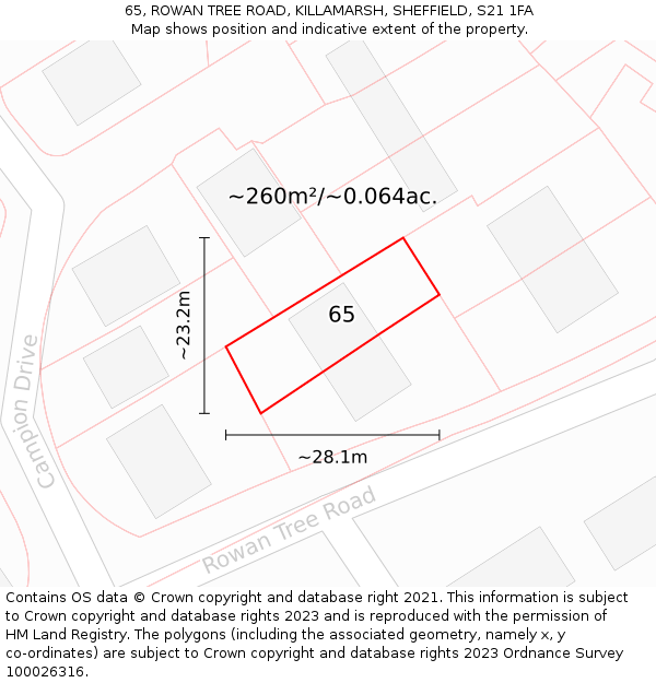 65, ROWAN TREE ROAD, KILLAMARSH, SHEFFIELD, S21 1FA: Plot and title map
