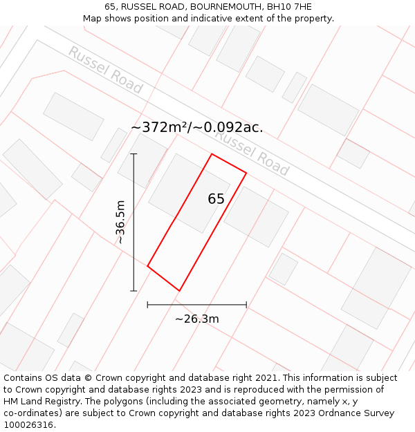 65, RUSSEL ROAD, BOURNEMOUTH, BH10 7HE: Plot and title map