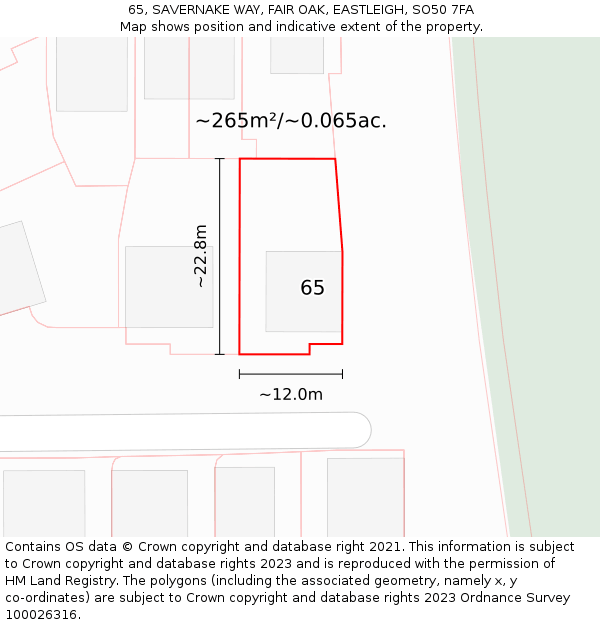 65, SAVERNAKE WAY, FAIR OAK, EASTLEIGH, SO50 7FA: Plot and title map