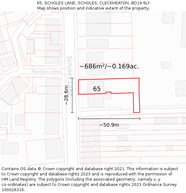 65, SCHOLES LANE, SCHOLES, CLECKHEATON, BD19 6LY: Plot and title map