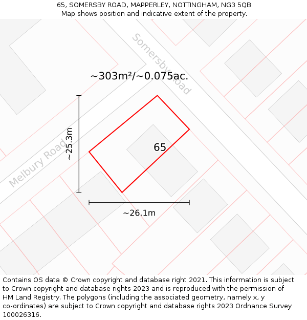 65, SOMERSBY ROAD, MAPPERLEY, NOTTINGHAM, NG3 5QB: Plot and title map