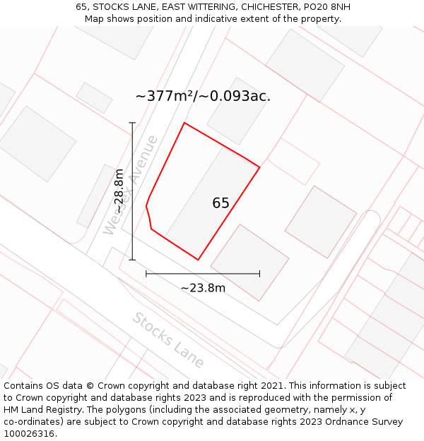65, STOCKS LANE, EAST WITTERING, CHICHESTER, PO20 8NH: Plot and title map
