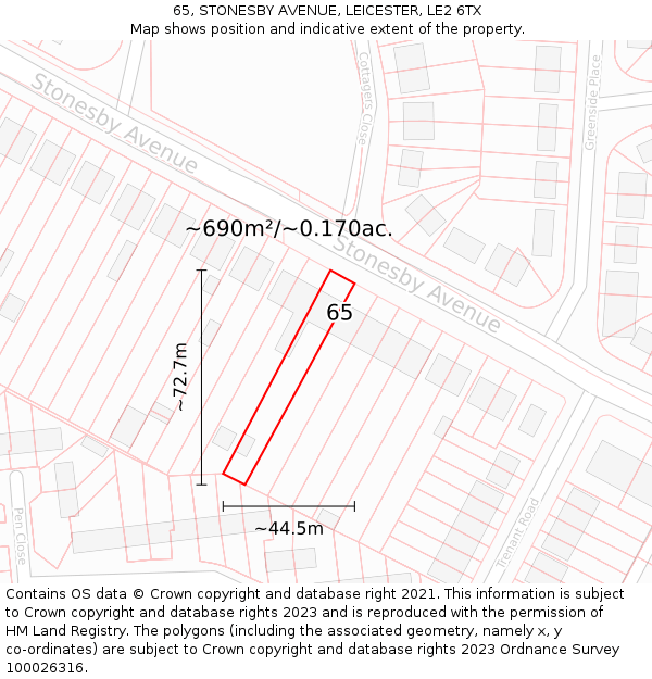 65, STONESBY AVENUE, LEICESTER, LE2 6TX: Plot and title map