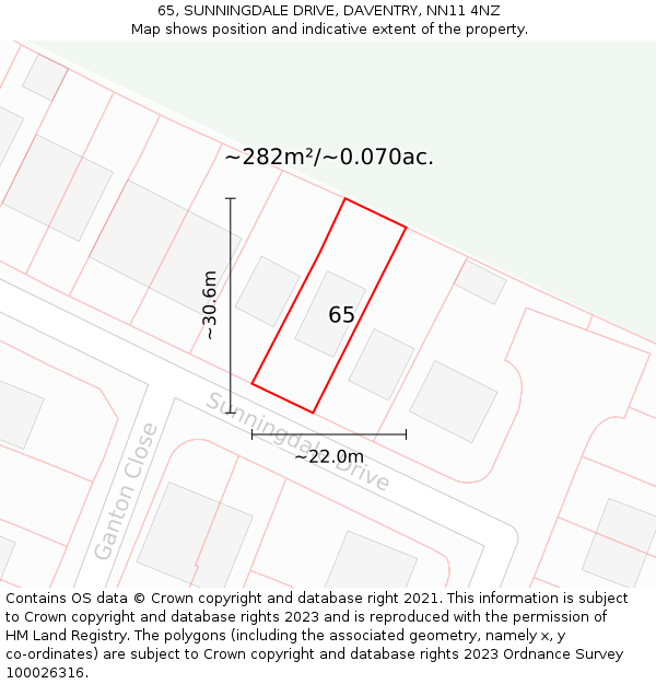 65, SUNNINGDALE DRIVE, DAVENTRY, NN11 4NZ: Plot and title map