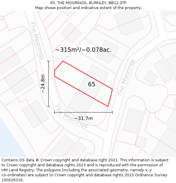 65, THE MOORINGS, BURNLEY, BB12 0TP: Plot and title map