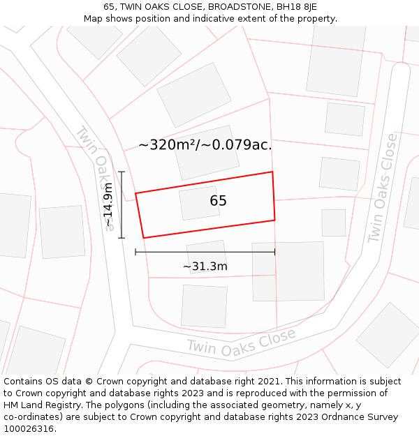 65, TWIN OAKS CLOSE, BROADSTONE, BH18 8JE: Plot and title map