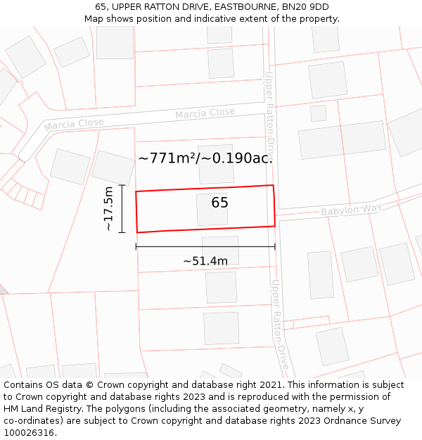 65, UPPER RATTON DRIVE, EASTBOURNE, BN20 9DD: Plot and title map