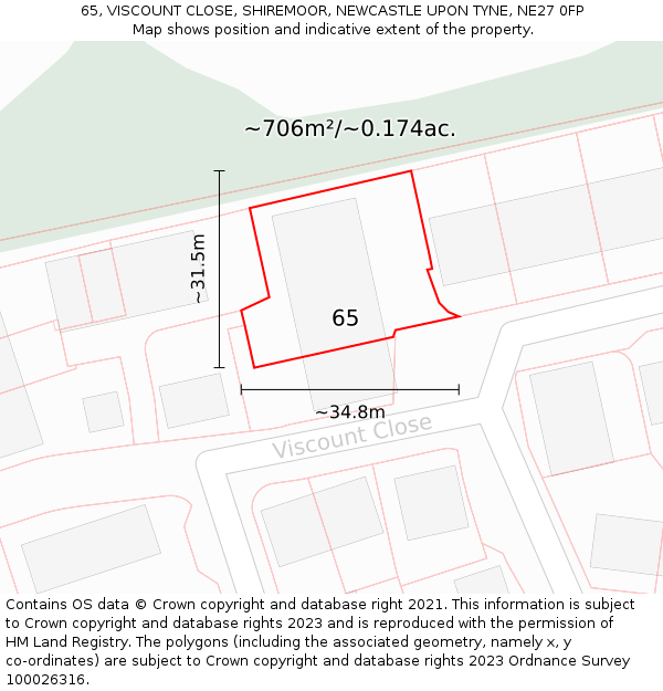 65, VISCOUNT CLOSE, SHIREMOOR, NEWCASTLE UPON TYNE, NE27 0FP: Plot and title map