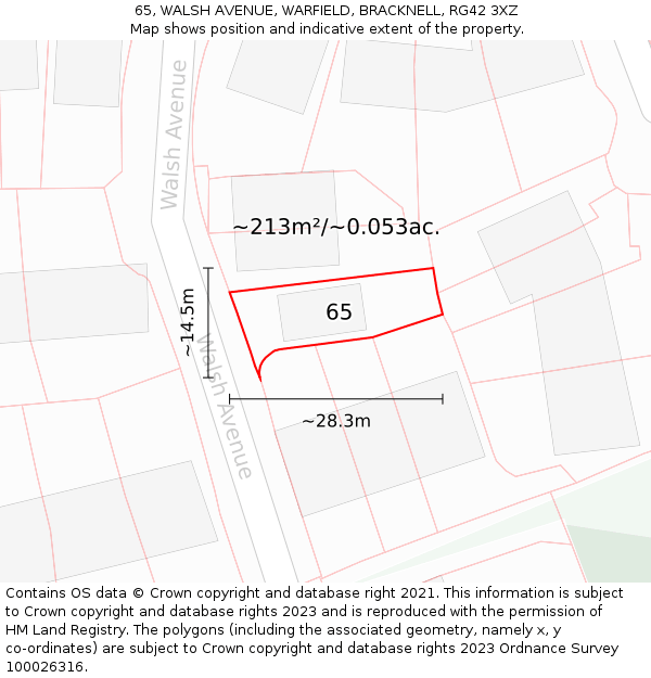 65, WALSH AVENUE, WARFIELD, BRACKNELL, RG42 3XZ: Plot and title map