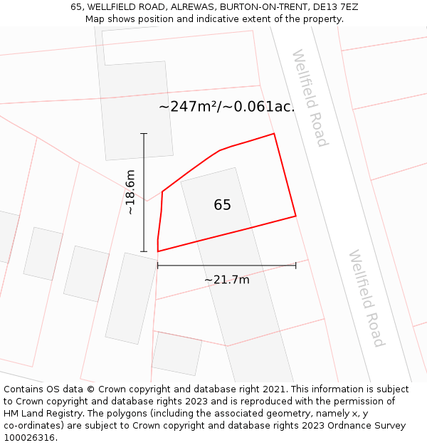 65, WELLFIELD ROAD, ALREWAS, BURTON-ON-TRENT, DE13 7EZ: Plot and title map