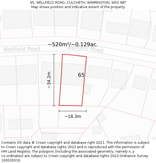 65, WELLFIELD ROAD, CULCHETH, WARRINGTON, WA3 4BT: Plot and title map