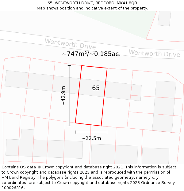 65, WENTWORTH DRIVE, BEDFORD, MK41 8QB: Plot and title map