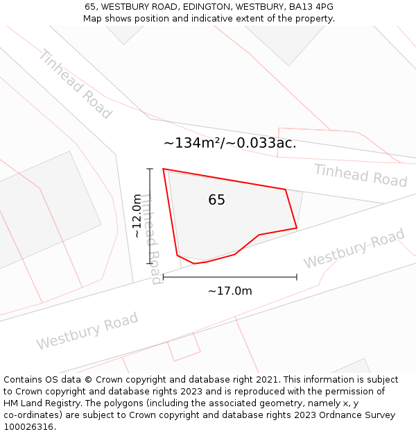 65, WESTBURY ROAD, EDINGTON, WESTBURY, BA13 4PG: Plot and title map