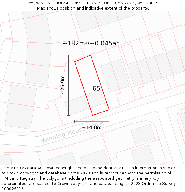 65, WINDING HOUSE DRIVE, HEDNESFORD, CANNOCK, WS12 4FP: Plot and title map