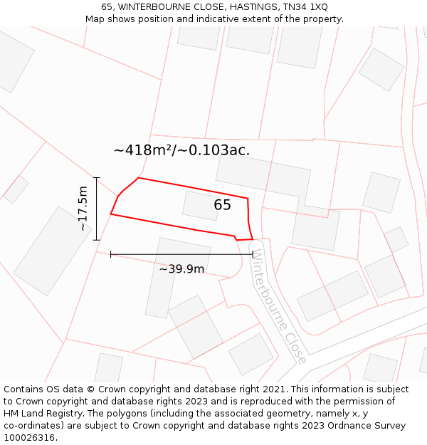 65, WINTERBOURNE CLOSE, HASTINGS, TN34 1XQ: Plot and title map