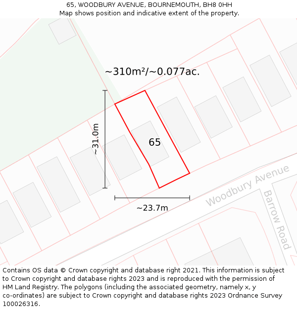 65, WOODBURY AVENUE, BOURNEMOUTH, BH8 0HH: Plot and title map