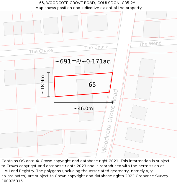 65, WOODCOTE GROVE ROAD, COULSDON, CR5 2AH: Plot and title map