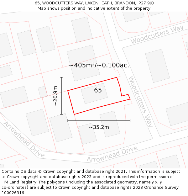 65, WOODCUTTERS WAY, LAKENHEATH, BRANDON, IP27 9JQ: Plot and title map