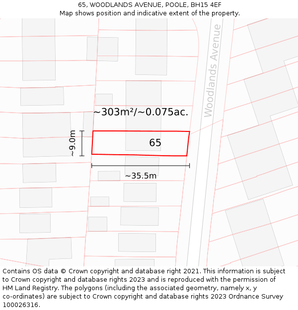 65, WOODLANDS AVENUE, POOLE, BH15 4EF: Plot and title map