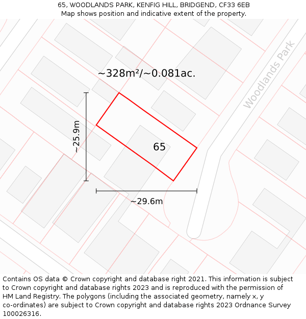 65, WOODLANDS PARK, KENFIG HILL, BRIDGEND, CF33 6EB: Plot and title map