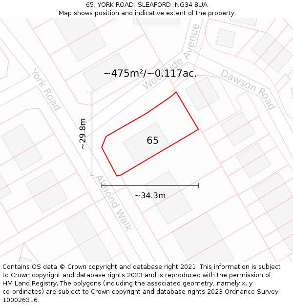 65, YORK ROAD, SLEAFORD, NG34 8UA: Plot and title map