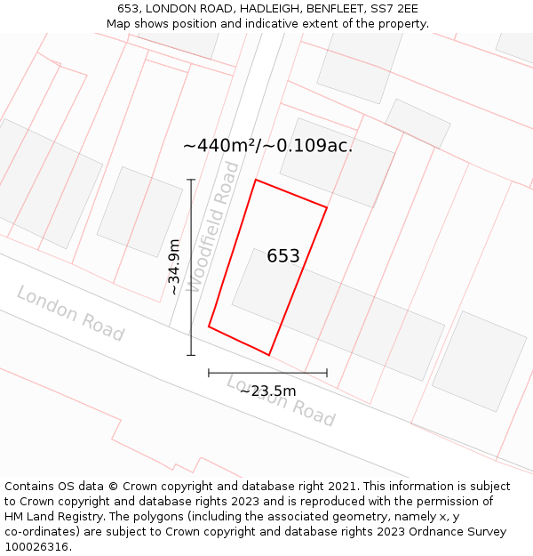 653, LONDON ROAD, HADLEIGH, BENFLEET, SS7 2EE: Plot and title map