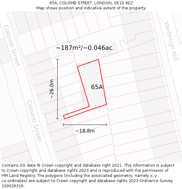 65A, COLOMB STREET, LONDON, SE10 9EZ: Plot and title map