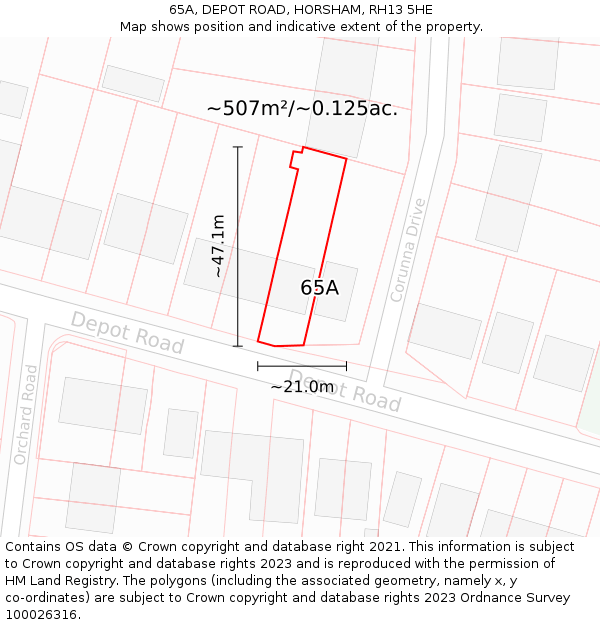 65A, DEPOT ROAD, HORSHAM, RH13 5HE: Plot and title map