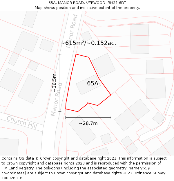 65A, MANOR ROAD, VERWOOD, BH31 6DT: Plot and title map