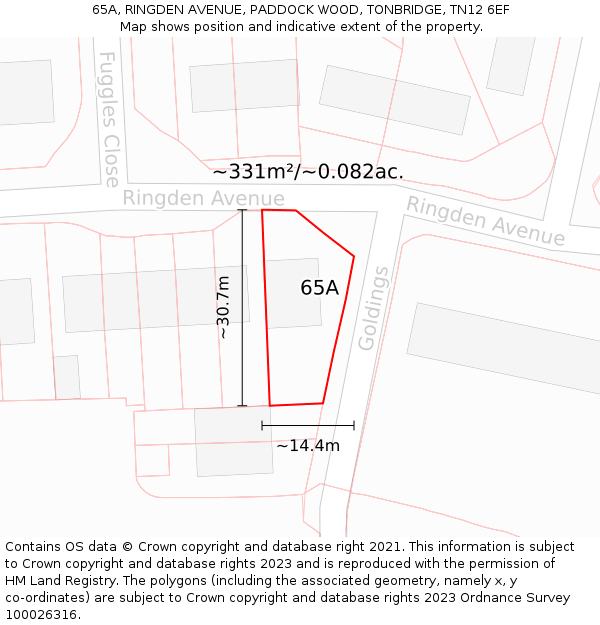 65A, RINGDEN AVENUE, PADDOCK WOOD, TONBRIDGE, TN12 6EF: Plot and title map