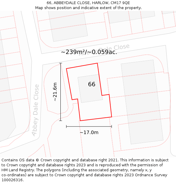 66, ABBEYDALE CLOSE, HARLOW, CM17 9QE: Plot and title map