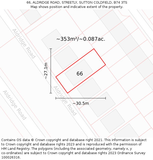 66, ALDRIDGE ROAD, STREETLY, SUTTON COLDFIELD, B74 3TS: Plot and title map