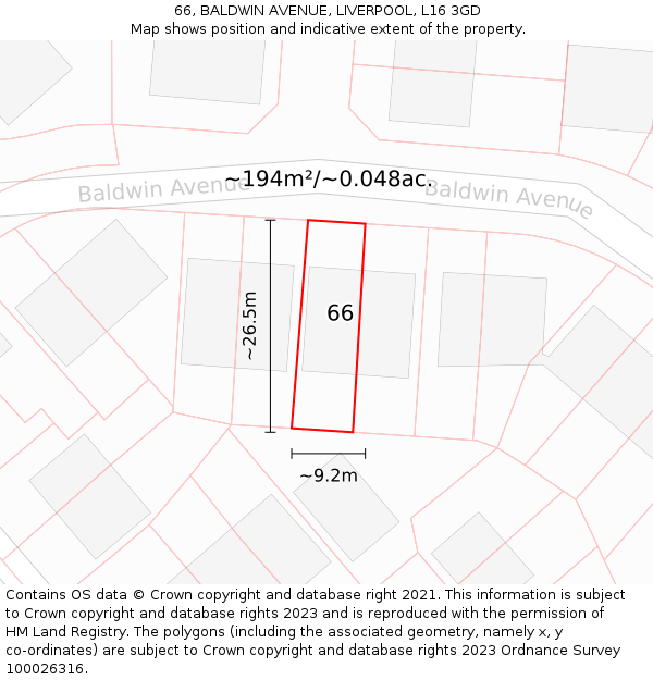 66, BALDWIN AVENUE, LIVERPOOL, L16 3GD: Plot and title map