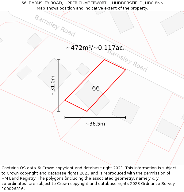 66, BARNSLEY ROAD, UPPER CUMBERWORTH, HUDDERSFIELD, HD8 8NN: Plot and title map