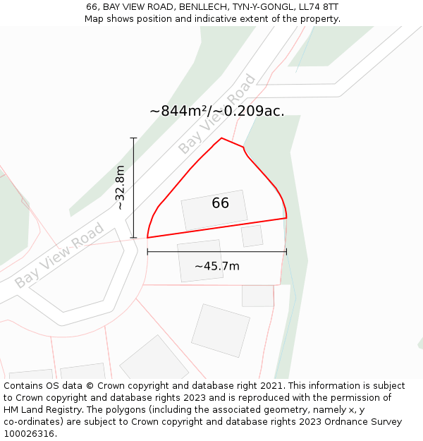 66, BAY VIEW ROAD, BENLLECH, TYN-Y-GONGL, LL74 8TT: Plot and title map