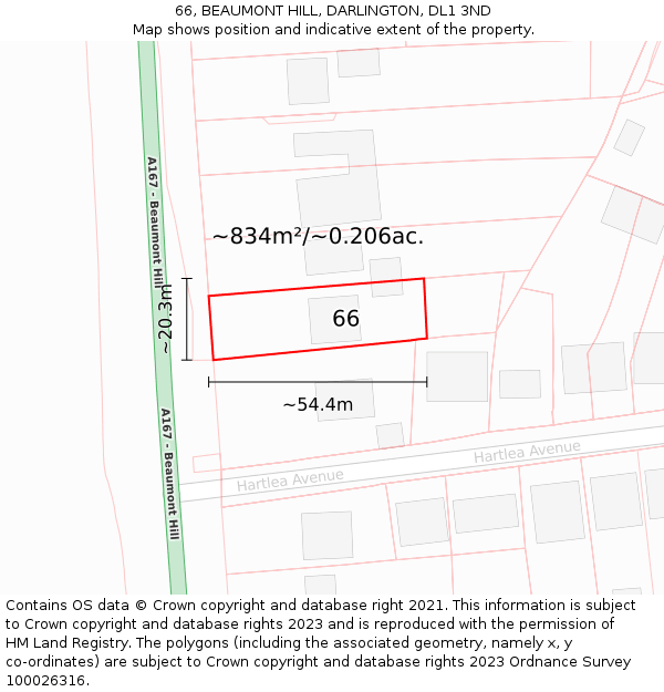 66, BEAUMONT HILL, DARLINGTON, DL1 3ND: Plot and title map