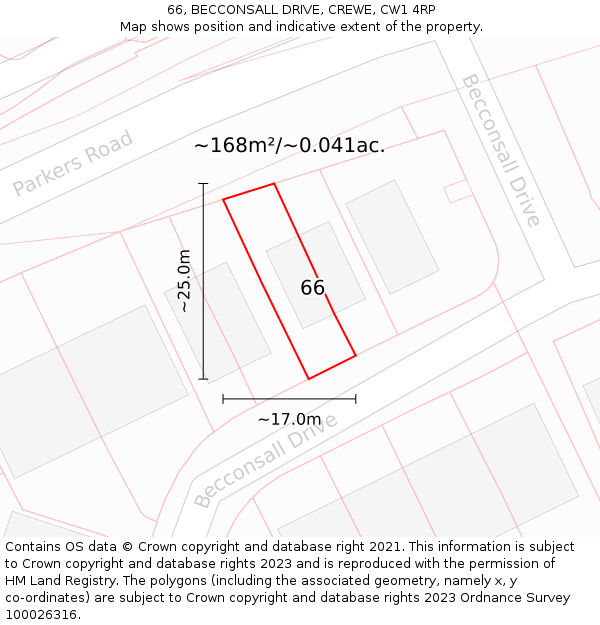 66, BECCONSALL DRIVE, CREWE, CW1 4RP: Plot and title map