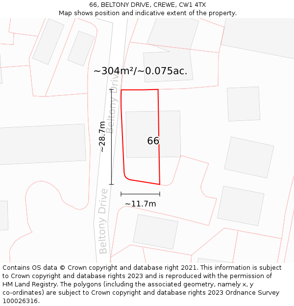 66, BELTONY DRIVE, CREWE, CW1 4TX: Plot and title map