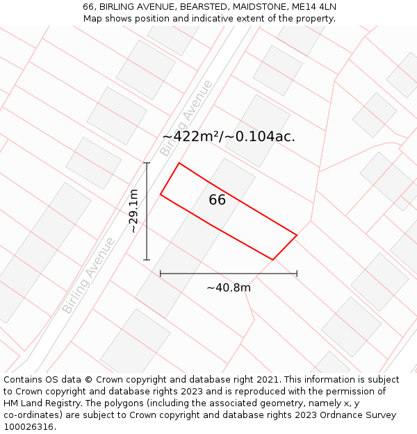 66, BIRLING AVENUE, BEARSTED, MAIDSTONE, ME14 4LN: Plot and title map