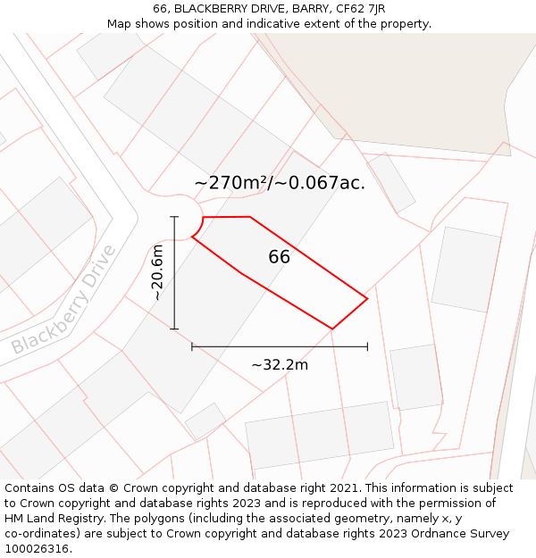 66, BLACKBERRY DRIVE, BARRY, CF62 7JR: Plot and title map