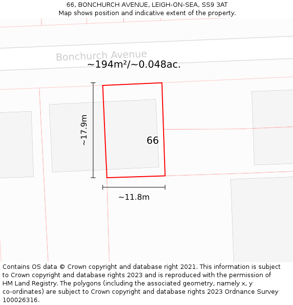 66, BONCHURCH AVENUE, LEIGH-ON-SEA, SS9 3AT: Plot and title map